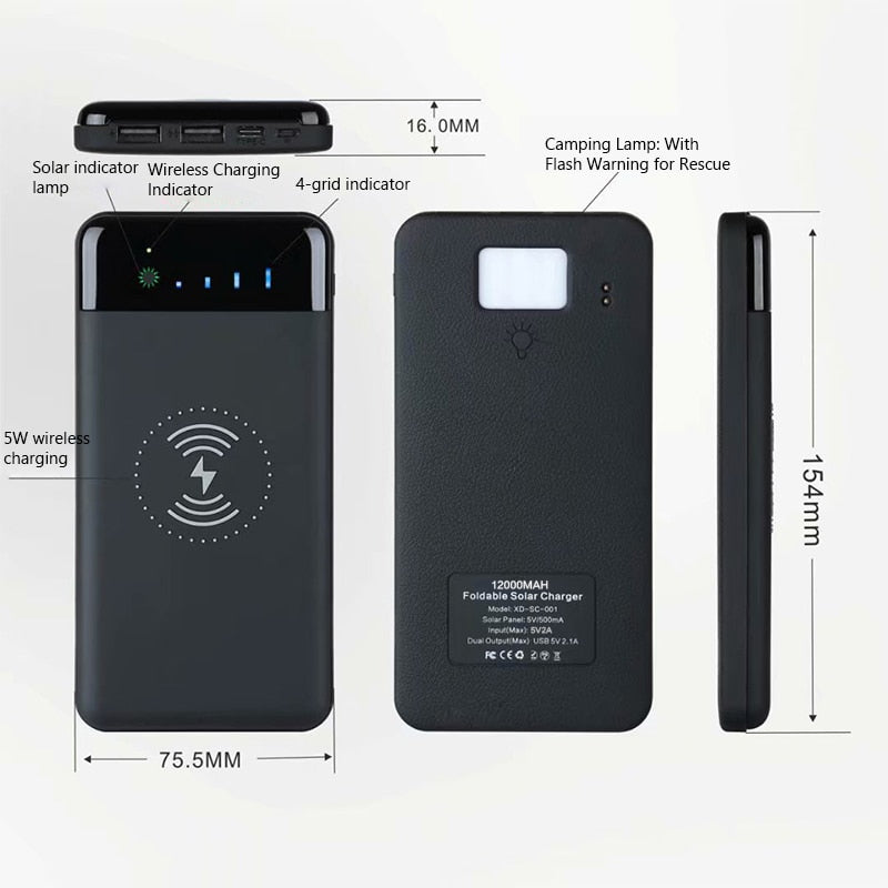 Large Capacity Universal Solar Powerbank 12000mah External Battery Pack Wireless Charger Phone Waterproof Foldable Power Bank