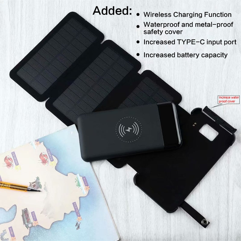 Large Capacity Universal Solar Powerbank 12000mah External Battery Pack Wireless Charger Phone Waterproof Foldable Power Bank