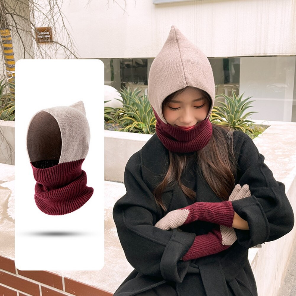 Winter Knitting Hat And Scarf Connected Design Women&#39;s with Mask Knitted Hat Skiing Mask Cycling Caps