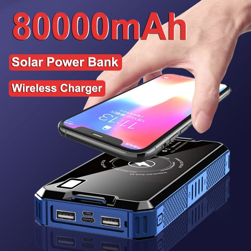 Solar Wireless Power Bank Portable 80000mAh High Capacity Charger External Battery LED Flashlight for IPhone mi Outdoor Travel