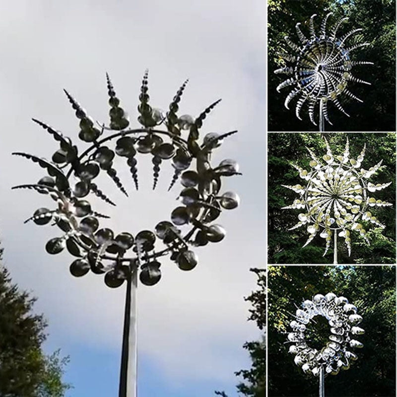 New Unique and Magical Metal Windmill 3D Wind Powered Kinetic Sculpture Lawn Metal Wind Solar Spinners Yard and Garden Decor